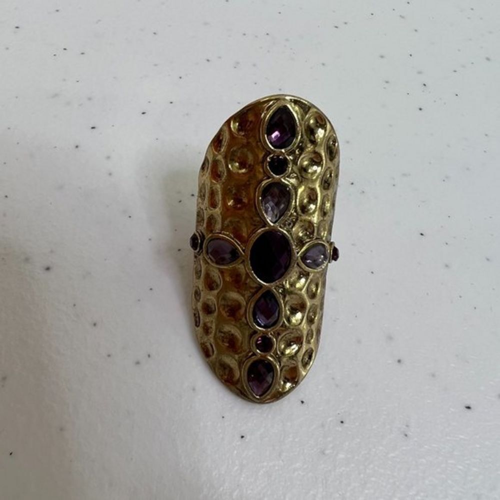 Vtg Intricate‎ Art Deco Faux Gem Rhinestones Ring Size 8 Cocktail Purple Gold